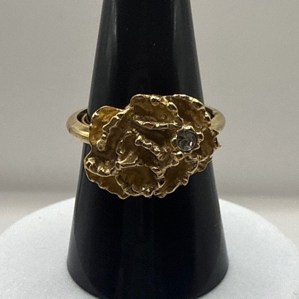 Vintage Avon Gold Tone Brutalist Nugget Rhinestone Ring Size 8.5 Textured Modern